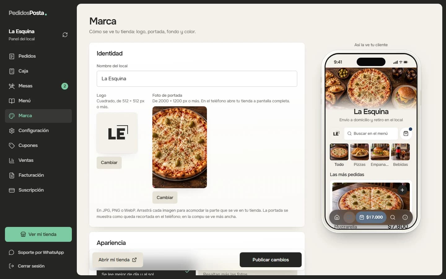 La pantalla de Marca: nombre, logo, portada y color, con la vista previa de la tienda al costado