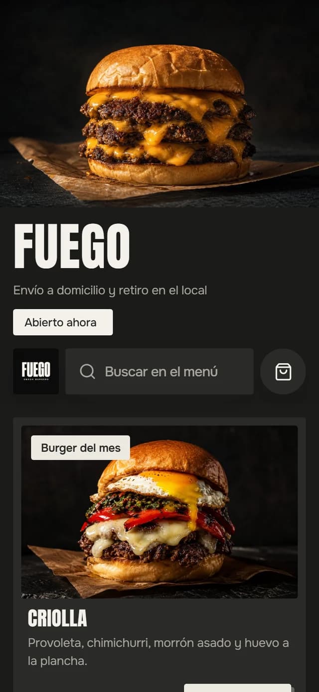 Una hamburguesería con el tema Brasa: fondo oscuro y títulos de cartel