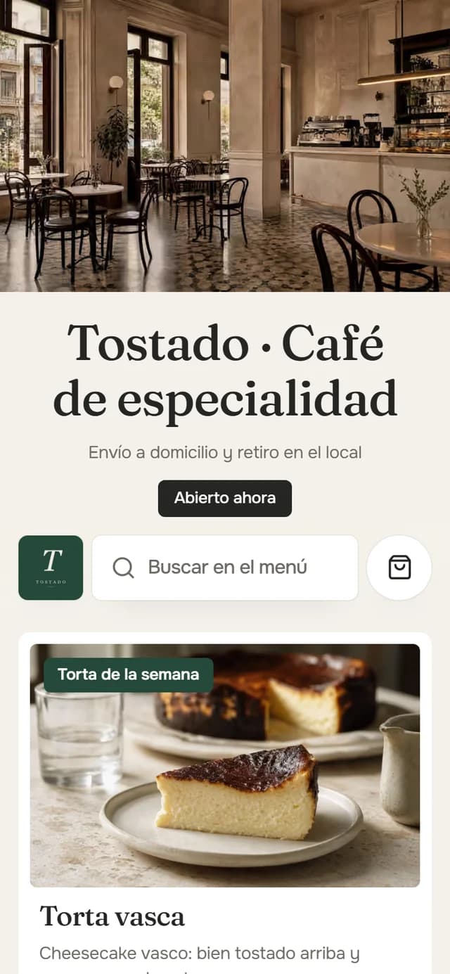 Un café con el tema Vitrina: claro, con letra de imprenta y una foto grande por producto