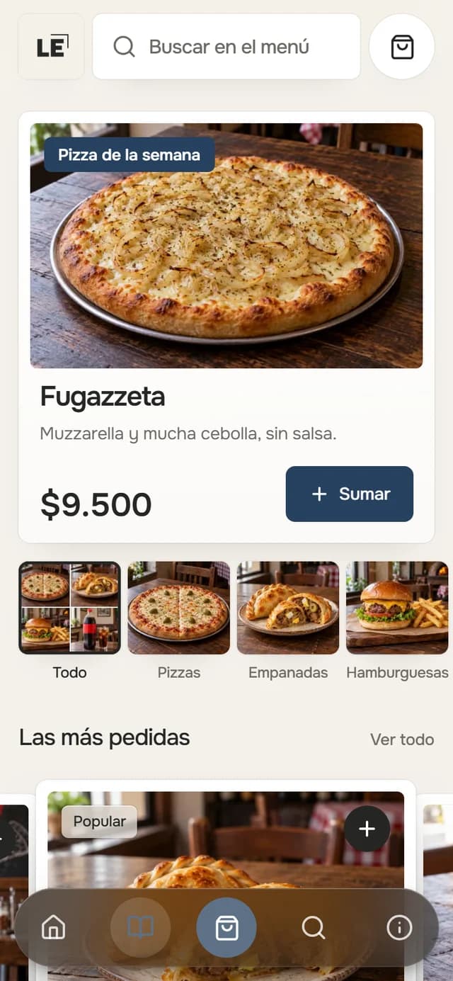 La tienda de un local en el teléfono: nombre, categorías y productos con su precio